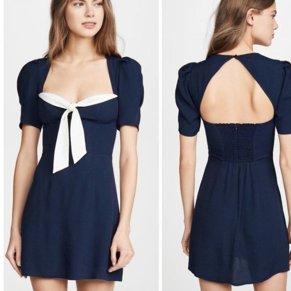 Reformation Grant Bow Crepe Mini Dress Sweetheart Neckline Navy Blue Size 4